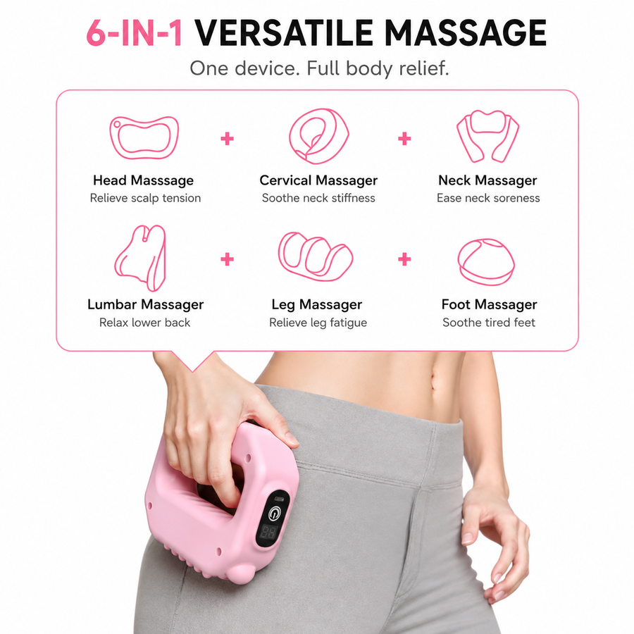 A pink handheld massage device being used on a person's lower back and hip, with marketing text at the top describing six massage modes: head, cervical, neck, lumbar, leg, and foot. A woman's torso and hand are visible, so this is Lifestyle rather than Product/Packaging.